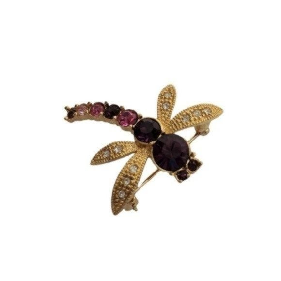 Vintage Dragonfly Brooch Pin Pink‎ Purple Clear Rhinestones - Picture 3 of 12